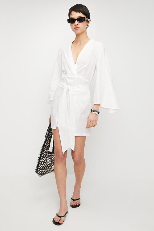 Woven Flamed Cotton Tied Mini Beach Dress - White 