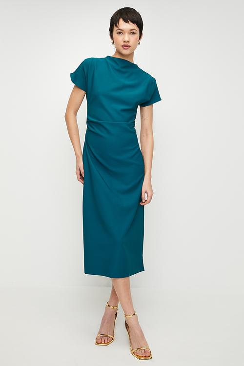green emerald velvet dress Emerald One Shoulder Ruched Slinky Midi Dress | Dresses main image 0