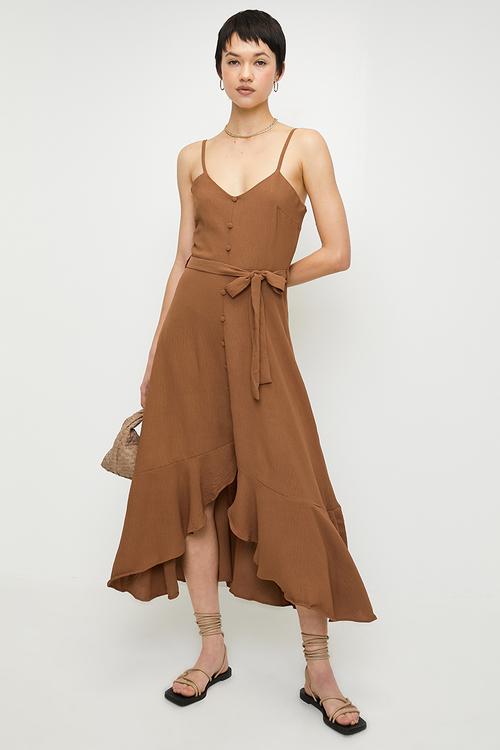 Brown Belted A-Line Flounce Button Detail Woven Maxi Dress