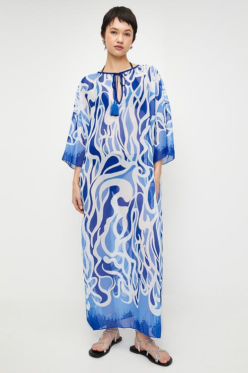 Abstract Patterned Maxi Woven Tie Chiffon Beach Dress