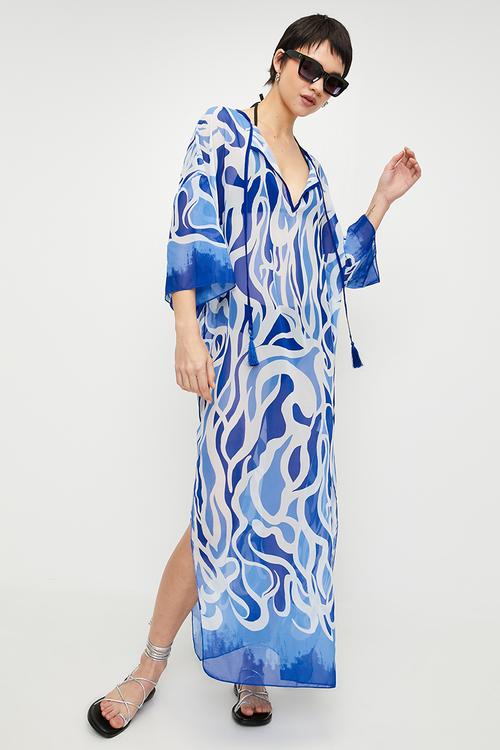 Abstract Patterned Maxi Woven Tie Chiffon Beach Dress