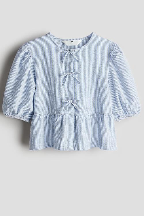 Cotton seersucker peplum blouse - light blue/striped