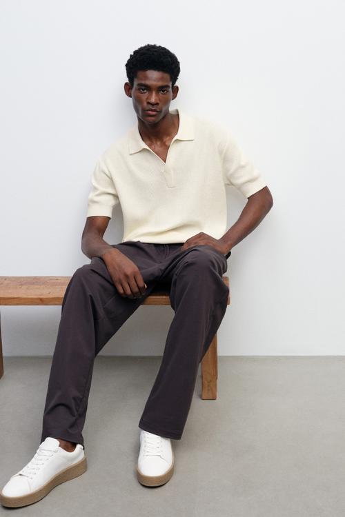 Regular fit cable-knit polo shirt - cream