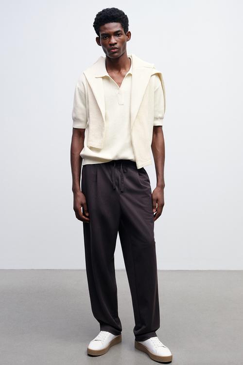 Regular fit cable-knit polo shirt - cream