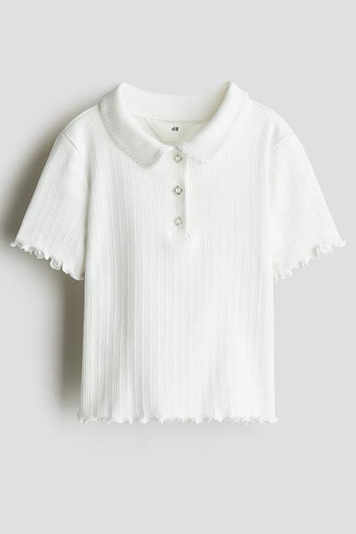 Ribbed pointelle jersey top - white