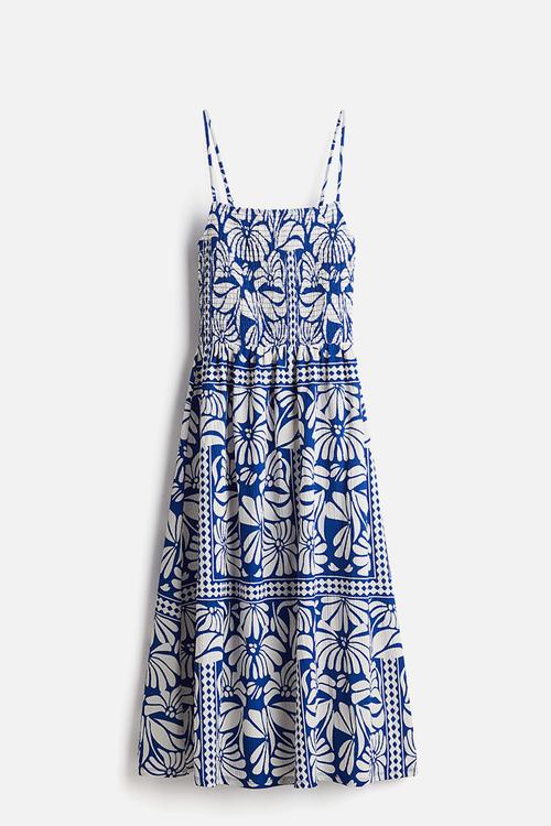 Smocked strappy dress - blue & white patterned