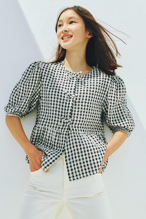 Cotton seersucker peplum blouse - black gingham check