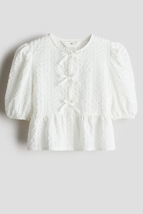Cotton seersucker peplum blouse - white