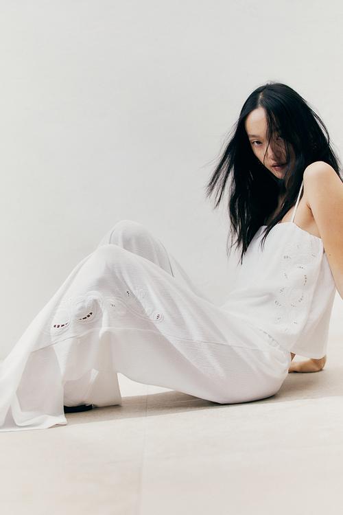 Wide broderie anglaise trousers - cream