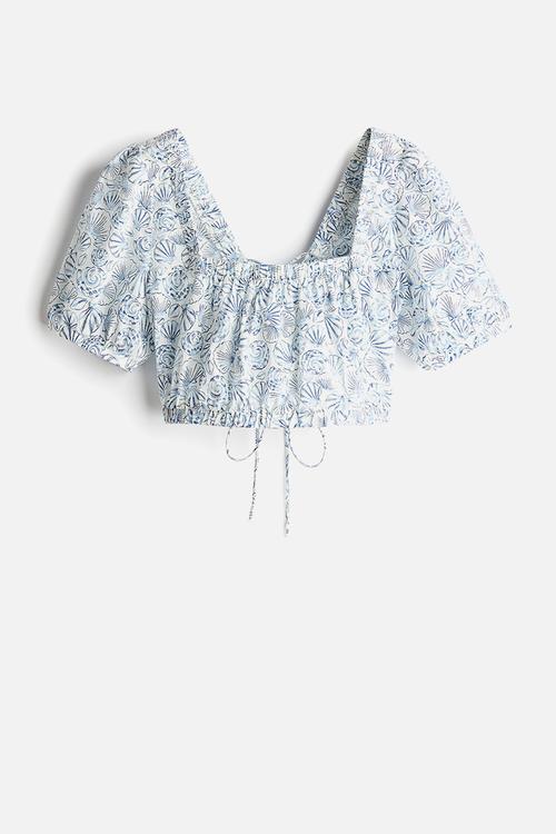 Lacing-detail cotton blouse - blue seashells
