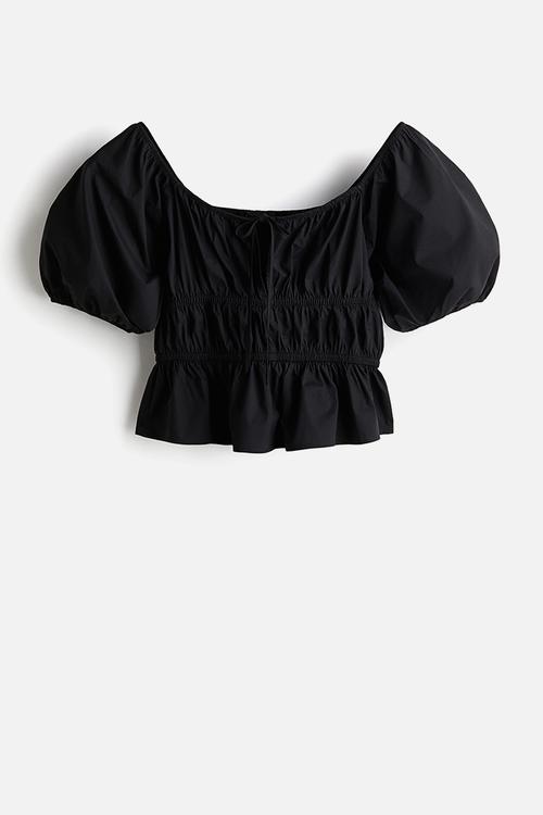 Puff-sleeved poplin blouse - black