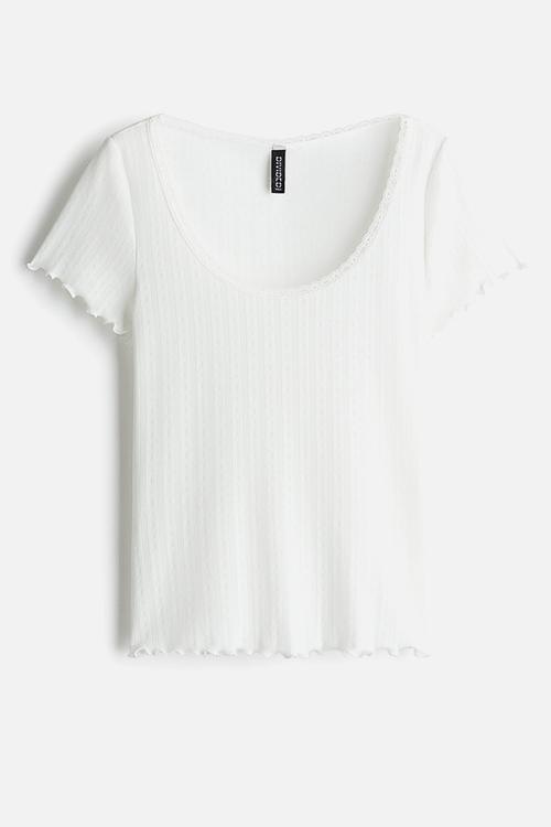 Lace-trimmed pointelle t-shirt - white