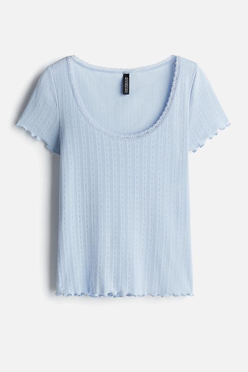 Lace-trimmed pointelle t-shirt - light blue