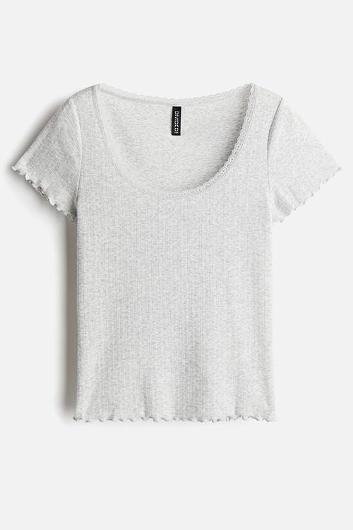 Lace-trimmed pointelle t-shirt - light grey marl