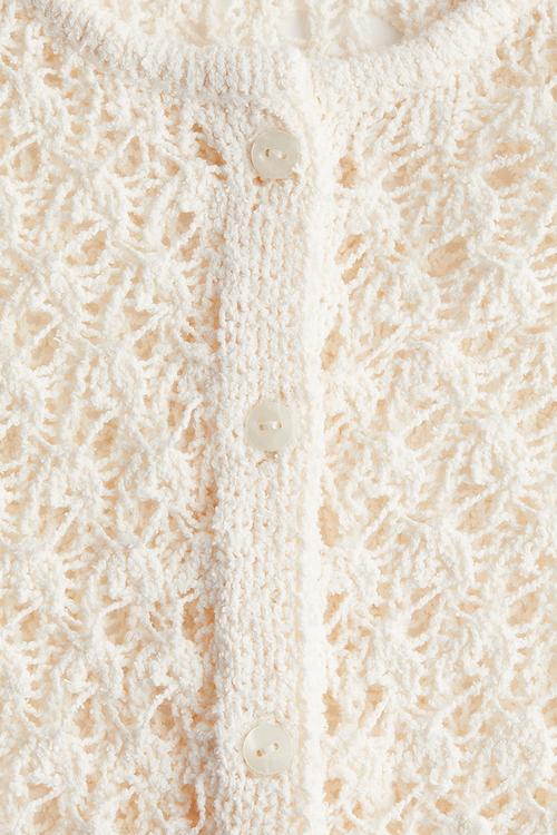 Short-sleeved hole-knit cardigan - white