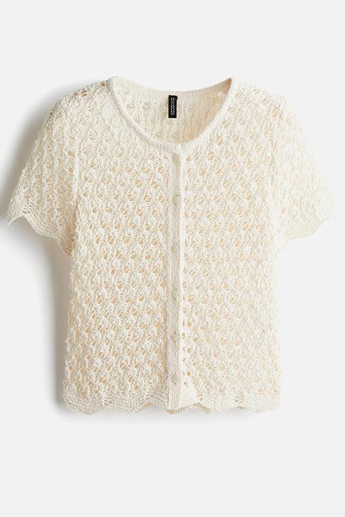 Short-sleeved hole-knit cardigan - white