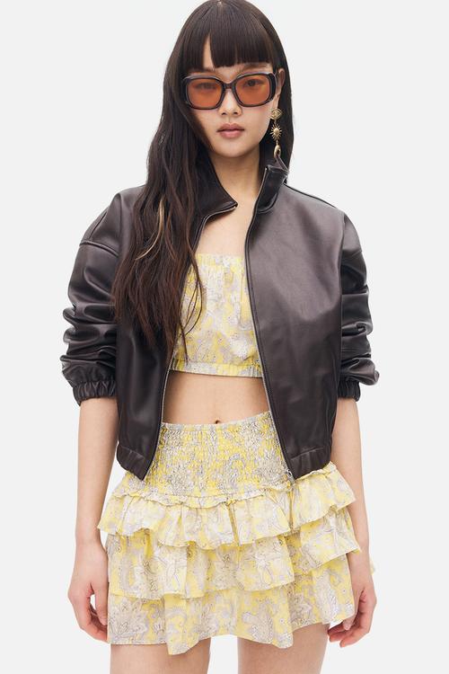 Tiered mini skirt - light yellow paisley patterned