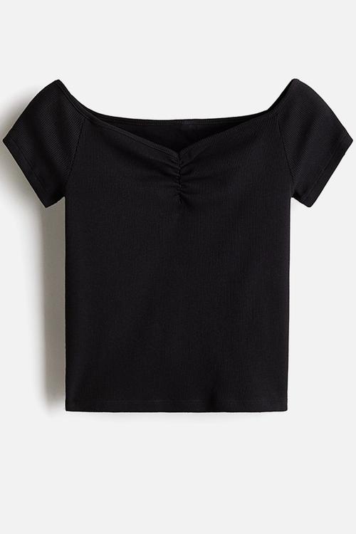 Ribbed boat-neck top - black