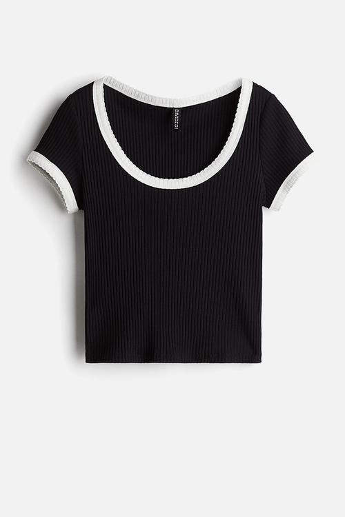 Picot-trimmed ribbed t-shirt - black
