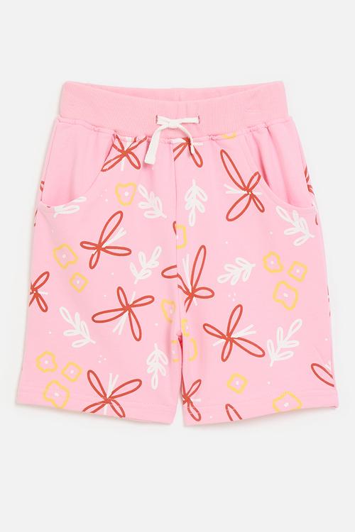 Printed sweatshorts with curved inset pockets - pink/multi