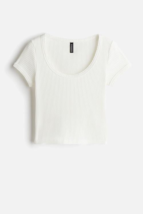 Picot-trimmed ribbed t-shirt - white