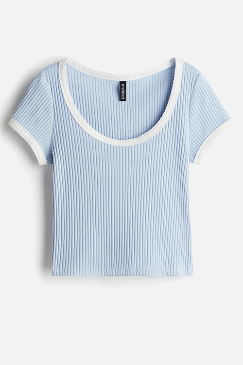 Picot-trimmed ribbed t-shirt - light blue 