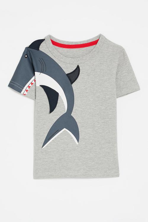 Shark graphic print tee with embroidered fins - grey
