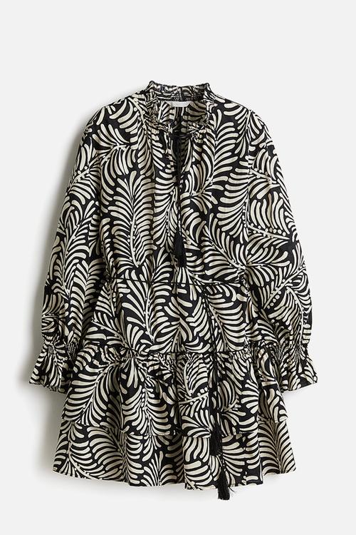 Flounced tie-belt dress - black/cream patterned