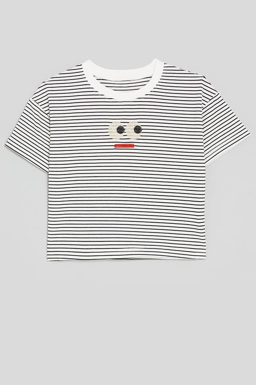 Chain stitch expression tee - white/black stripes