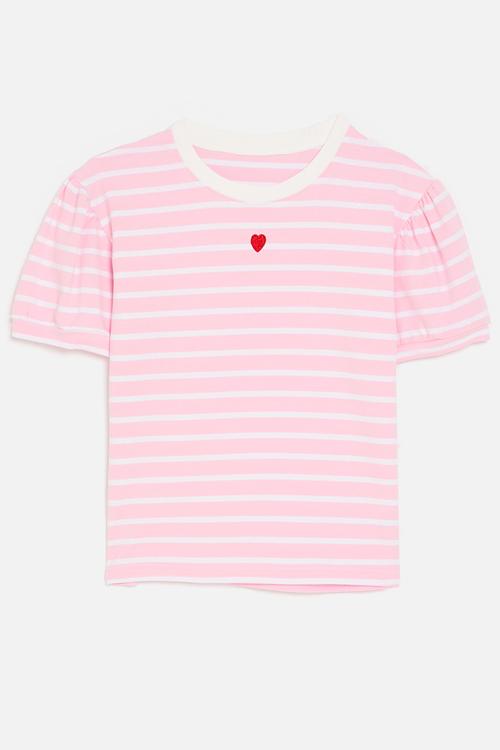 Heart embroidered puff sleeve tee - pink stripes/white