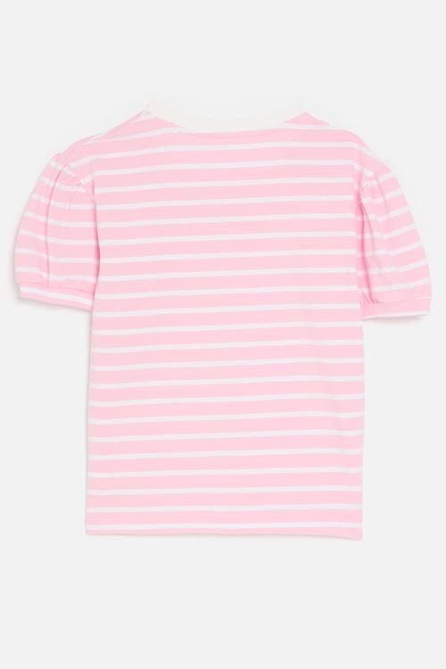 Heart embroidered puff sleeve tee - pink stripes/white