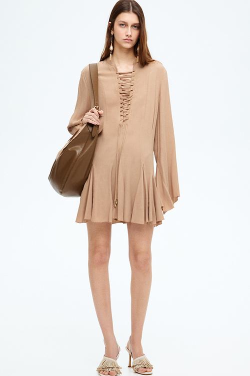 Flared-skirt lacing-detail dress - beige