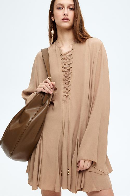 Flared-skirt lacing-detail dress - beige
