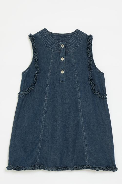 Panelled a-line denim dress with ruffle detail - navy 