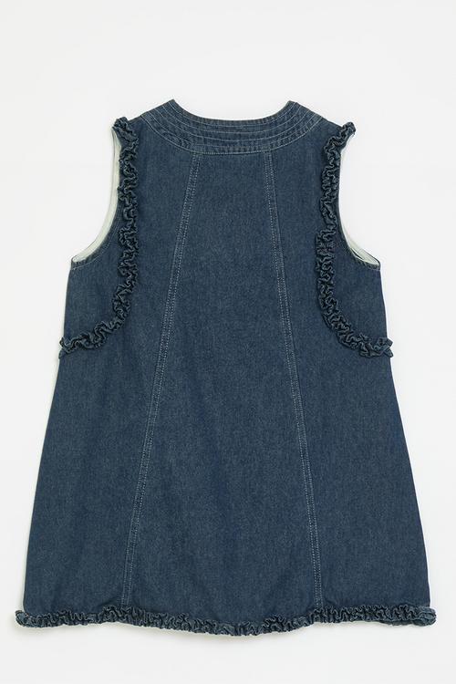 Panelled a-line denim dress with ruffle detail - navy 