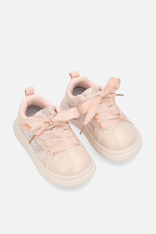 Lace trim sneakers with satin laces - pink
