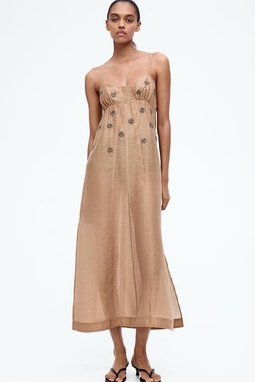 Sheer embellished strappy dress - dark beige
