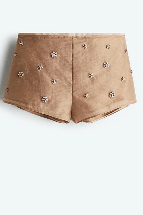 Rhinestone-embellished mini shorts - dark beige