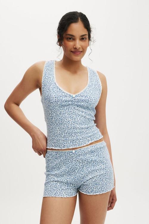 Waffle Pointelle Ruched Cami  - damari ditsy blue 