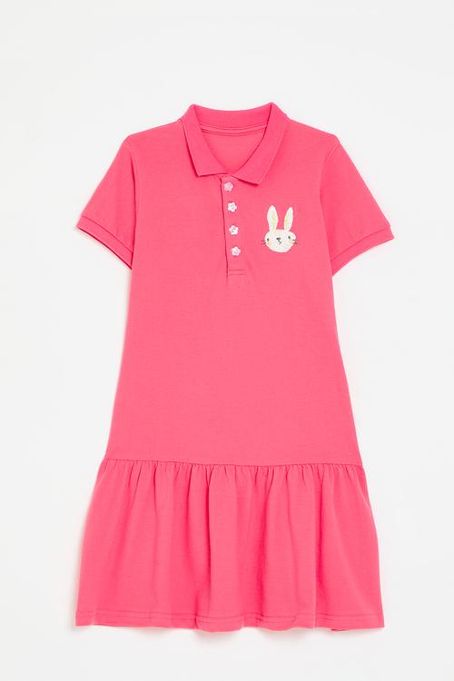Bunny embroidered golfer dress with ruffled hem - dark pink