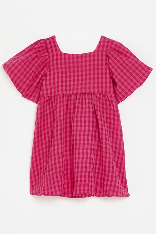 Batwing sleeve dress with back ties - dark pink gingham