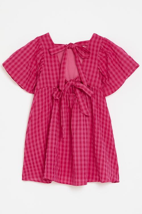 Batwing sleeve dress with back ties - dark pink gingham