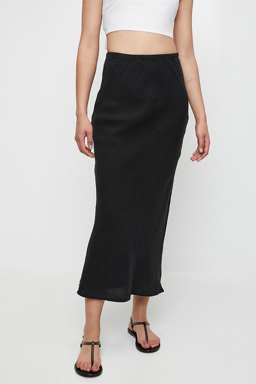 Linen elastic waist high waist midi skirt - black