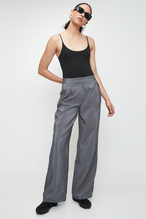 Modal soft touch wide leg woven trousers - grey