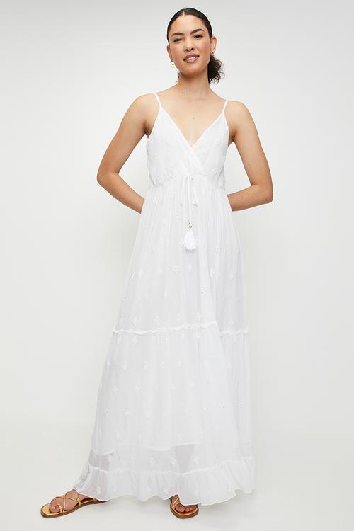 Strappy Triangle cup Sheer Maxi Dress with gold detail in fabric - White
