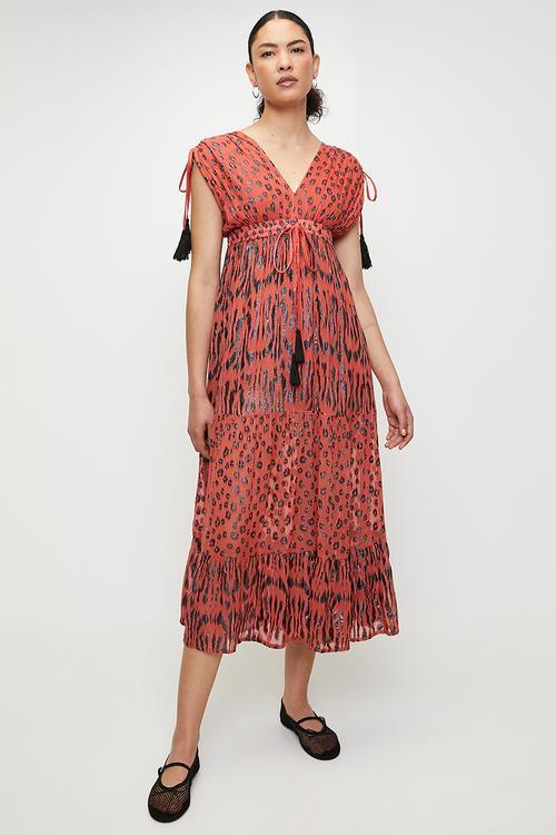 V-neck Maxi a-line Dress with ruched waist - Red