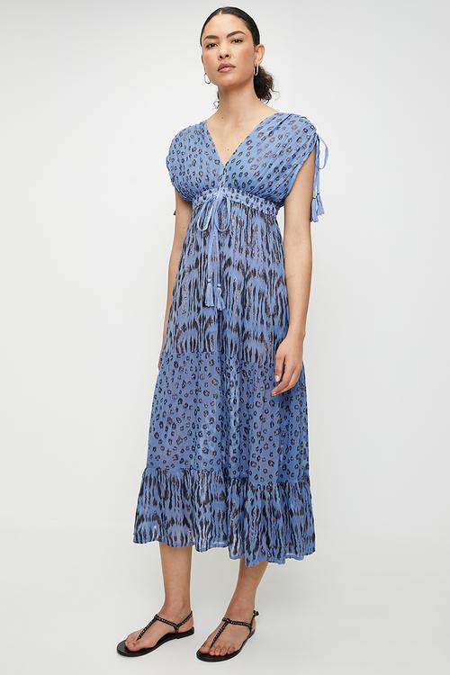 V-neck Maxi a-line Dress with ruched waist - Blue