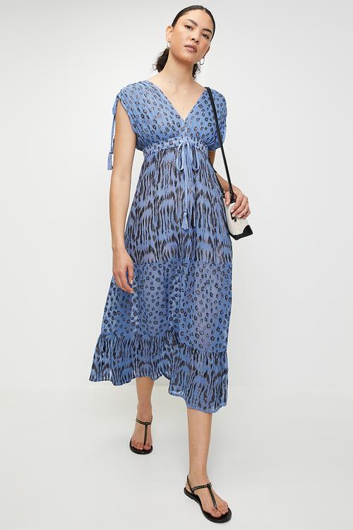 V-neck Maxi a-line Dress with ruched waist - Blue