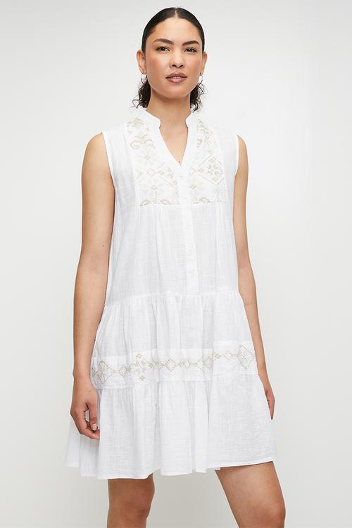 S/less Key Hole Tiered Mini Dress with embroidery - Off White