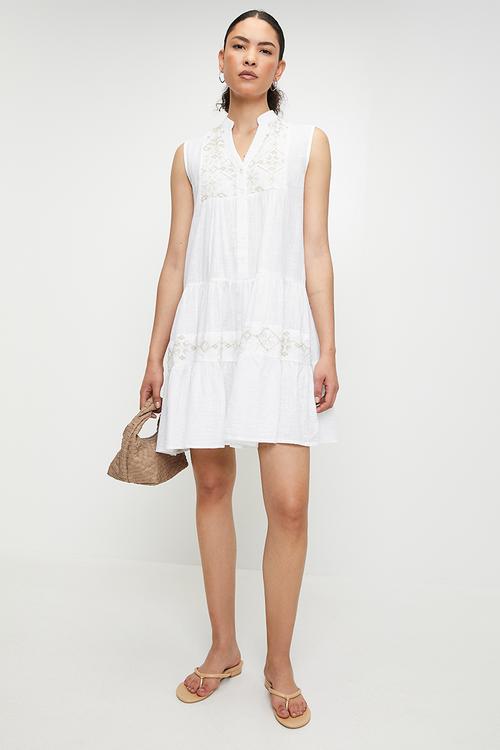 S/less Key Hole Tiered Mini Dress with embroidery - Off White